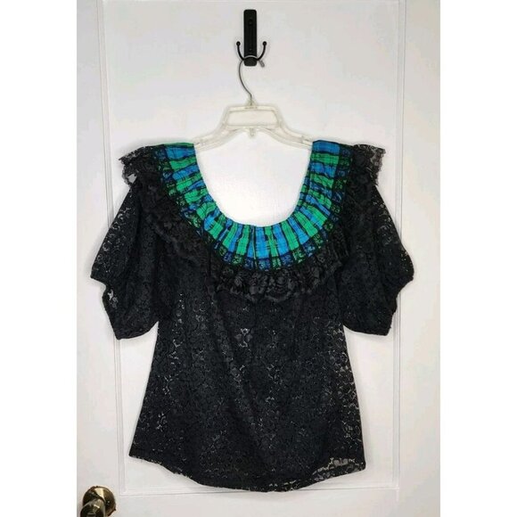 Vtg Square Dance 2 Piece Outfit Skirt Blouse Sz M Lace USA Made Blue Green Plaid - Picture 2 of 6